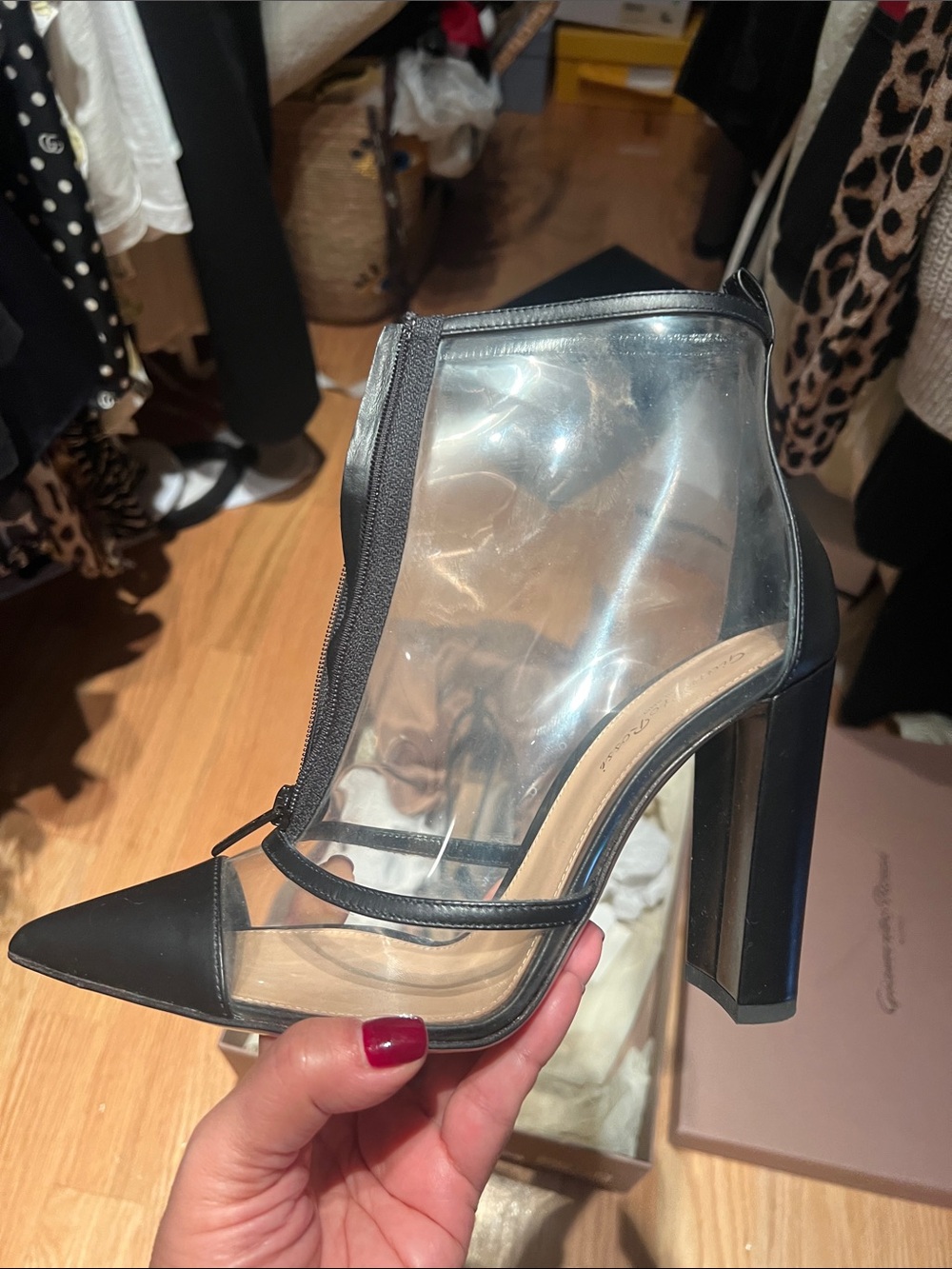 Gianvito Rossi Black and Clear Pointed-Toe Heeled Boots